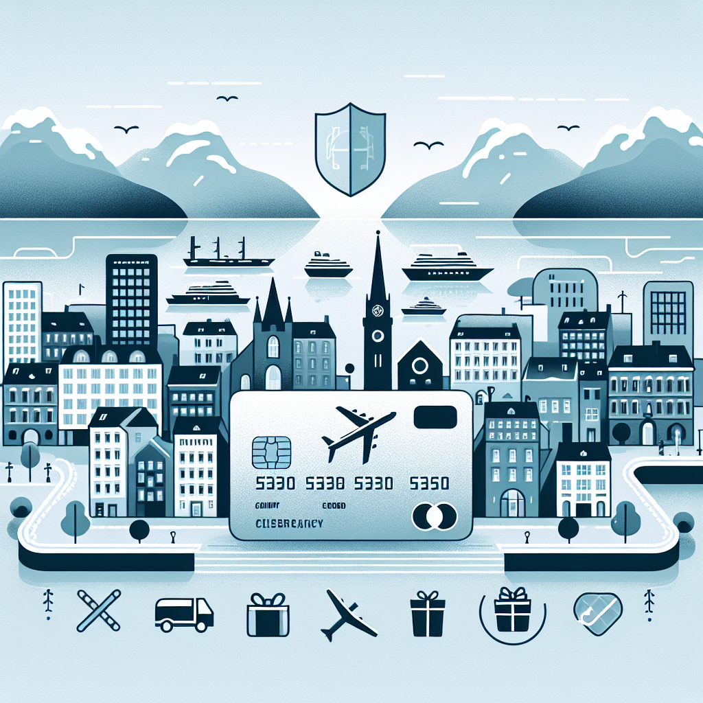 A clean, modern scene of a Norwegian cityscape with a stylish credit card in the foreground, highlighting travel, security icons (shield), and reward symbols (gift, plane) in muted Nordic colors