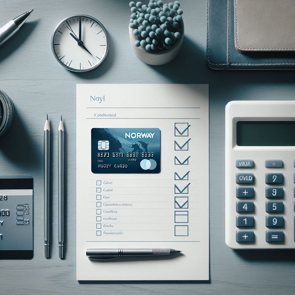 A clean, modern composition showing a Norwegian credit card, a calculator, and a checklist on a wooden desk, with subtle Nordic design elements and cool blue tones