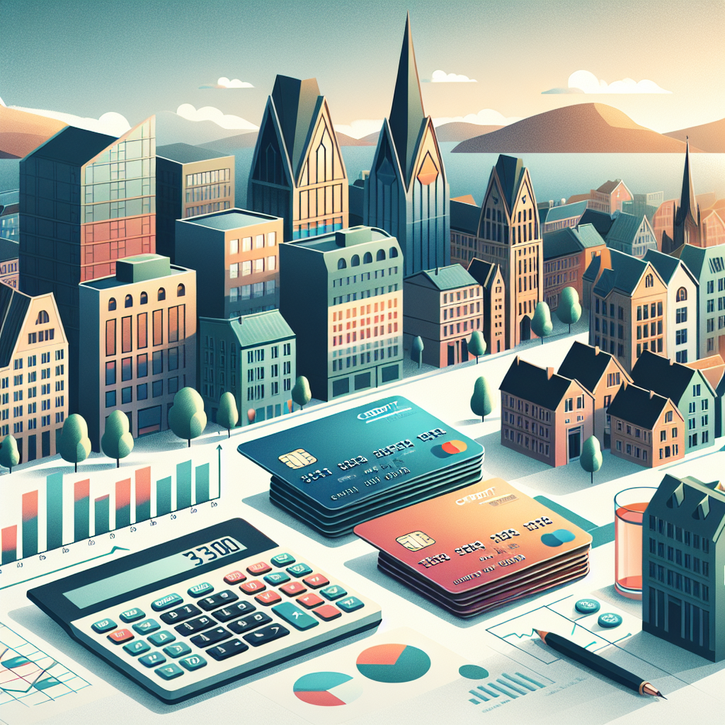 Modern Norwegian cityscape with credit cards, calculator, and a declining debt chart in clean flat-design style