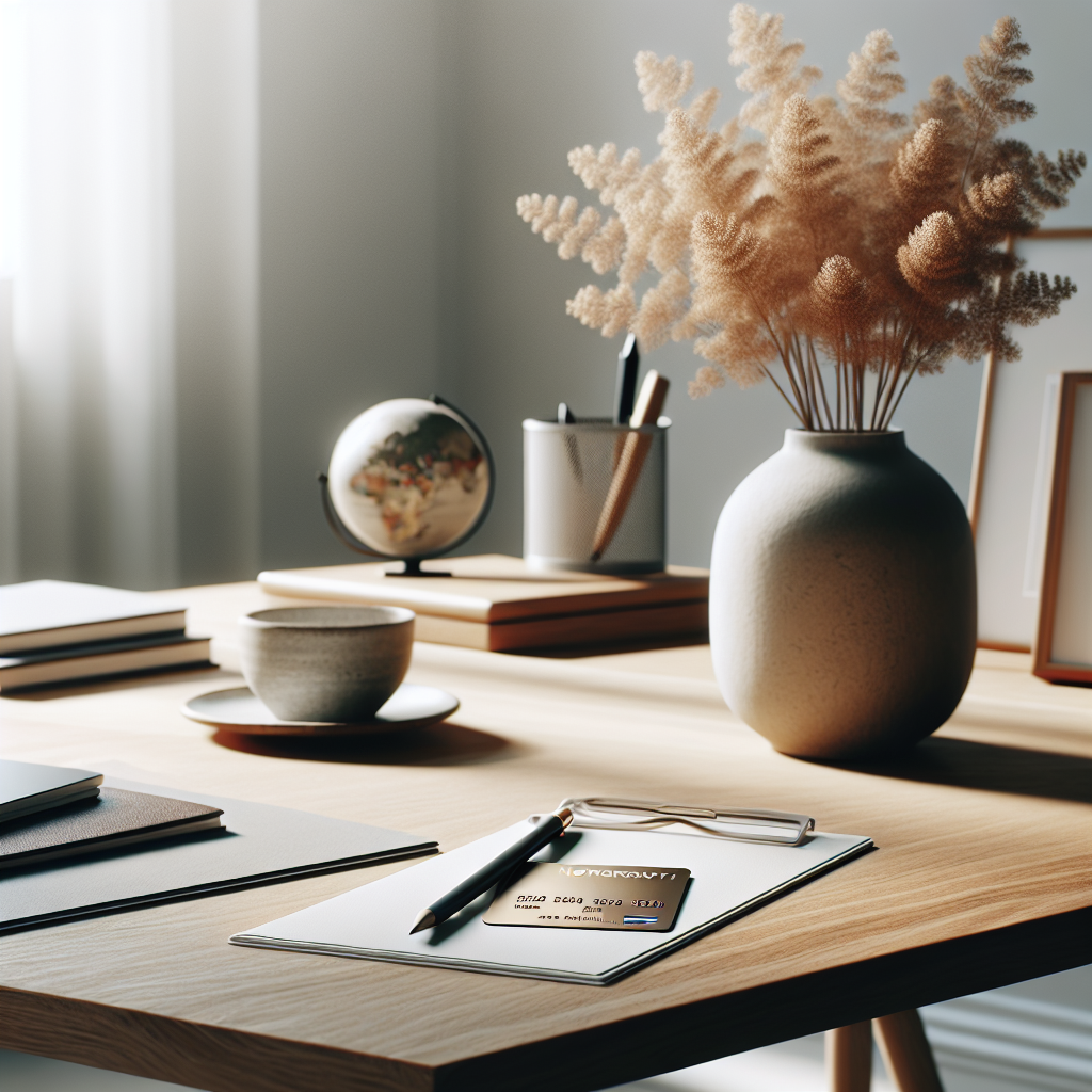 A modern Scandinavian workspace with a Norwegian credit card, a passport, and paperwork on a clean wooden desk, soft natural light, minimalist aesthetic